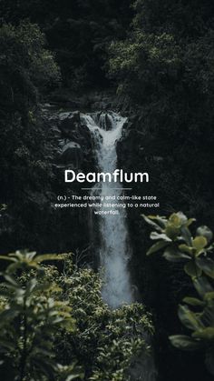 a waterfall surrounded by trees and plants with the words dearfum written in white