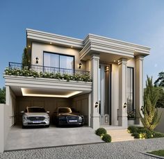 two cars are parked in front of a house