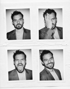 four polaroid pictures of a man making faces and pulling his hands in the air