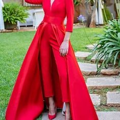 Brand New With Tags Size 14 Red Satin Jumpsuit With Removable Train Jumpsuit Elegant Prom, Jumpsuit Prom Dress, Red Satin Prom Dress, Jumpsuit Prom, Chic Prom Dresses, Valentines Day Dresses, Evening Dresses Online, V Neck Prom Dresses, Cheap Evening Dresses