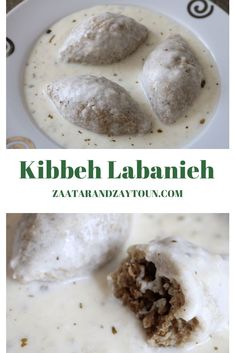 some food is sitting on a plate with white sauce and the words kibbeh laban