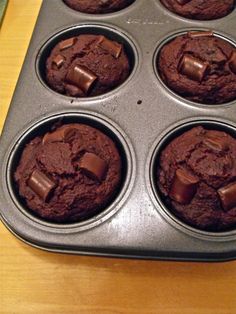 chocolate muffins in a pan on a wooden table