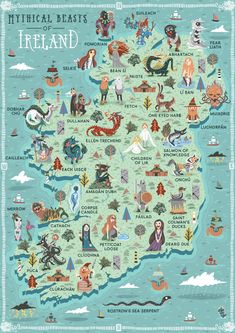 an illustrated map of ireland with all the main towns and major lakes in each country