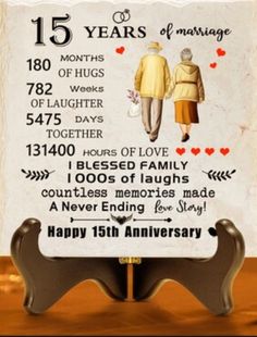 an anniversary card with two people holding hands and the date is fifteen years of marriage