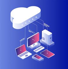 an image of cloud computing with laptops and tablet computers connected to each other on a blue background