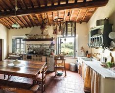 an old fashioned kitchen with wooden table and chairs in the center, surrounded by hanging pots and pans