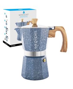 a blue stove top coffee maker with a wooden handle on it's side and a box behind it