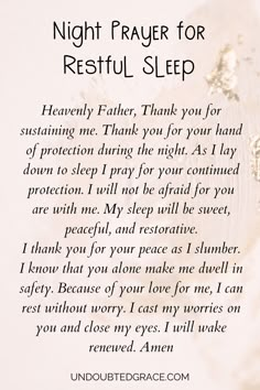 a poem written in white with the words night prayer for restful sleep on it