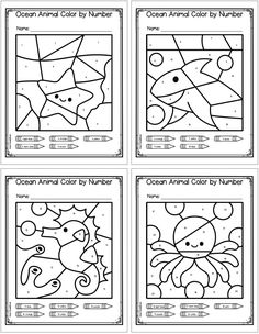 four color by number pages for ocean animals