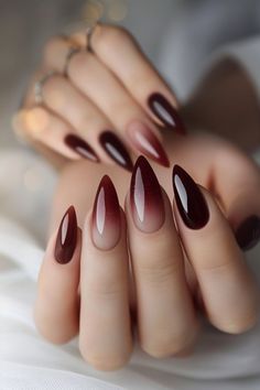 Classy Nails Ombre Simple, Trendy Metallic Nails, Transparent Nails Ideas, Maroon Black Ombre Nails, Smokey Tip Nails, Boho Nails Almond Shape, Ambre Nails For Fall, Burgundy Ombre Nail Ideas, Ombré Gel X Nails