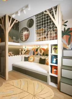 a child's bedroom with bunk beds and bookshelves