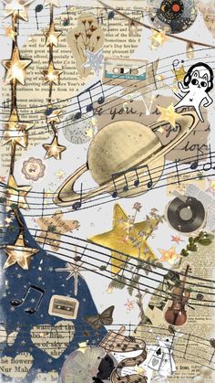 a collage of musical instruments and stars on a sheet of paper with music notes