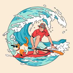 a man riding on top of a surfboard next to a dog