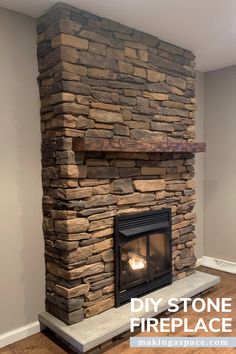 a stone fireplace is shown with the words diy stone fireplace on it's side