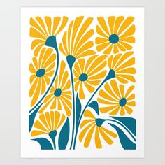 yellow and teal flowers against a white background art print by orla kiele