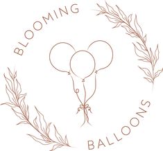 the blooming balloons logo is shown with two balloons in front of an olive branch