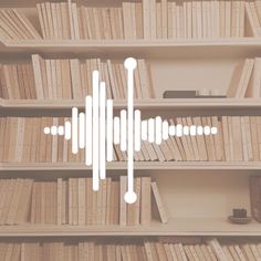 an audio wave is shown in front of bookshelves