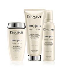 Enjoy our hair density increasing collection, excellent for thinning hair, strengthening hair and an effective hair texturizer. Now paired up with a dry shampoo so you can cheat on second-day hair! Set Includes: Bain Densité Shampoo, 250ml. Bodifying shampoo to amp up hair density. Cleanses hair build-up. Increases hair density. Strengthens hair. Fondant Densité Conditioner, 200ml Lightweight conditioner to amp up hair density. Improves hair texture. Creates thick hair. Easily detangles hair. Densimorphose® Hair Mousse, 150ml Mousse to amp up hair density. Improves hair texture. Creates thick hair. Illuminates shiny hair. Leaves a soft touch for a sensitive scalp. Illuminates Hair Thicker Hair Increased Density . | Kérastase - Densifique Thinning Luxury Hair Set Hair Texturizer, Kerastase Densifique, Plump Hair, Strengthening Hair, Styling Mousse, Hair Set, Thickening Shampoo, Hair Cleanse, Hair Mousse