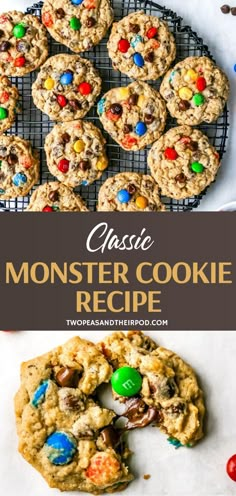 monster cookie recipe with m & m cookies in the middle and on top, next to it