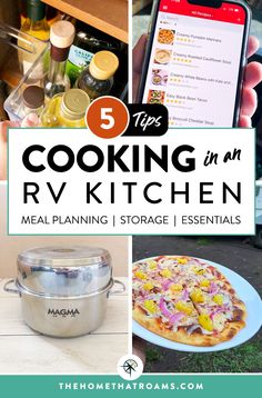 the ultimate guide to cooking in an rv kitchen with text overlay that reads 5 tips for