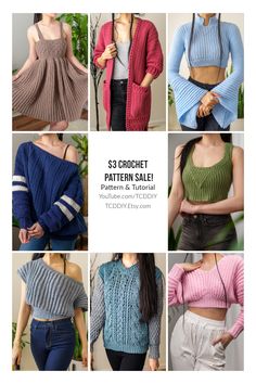 several different knitted sweaters with the text, $ 3 crochet pattern sale