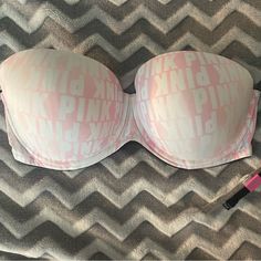 Worn Oncestrapless Bra With Straps That Can Be Added And Worn Any Way. Straps Were Never Used. Super Cute Light Pink And White Pink Strapless Bra With Padded Cups, White Padded Bandeau Bra, White Strapless Bra For Summer, White Strapless Summer Bra, Pink Strapless Bra, Victoria's Secret Pink, Pink And White, Secret Pink, Women's Intimates