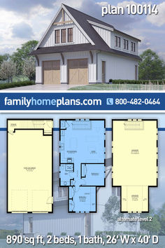 two story house plan with 2 car garage and attached living area in the front yard