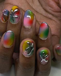 Nail Art In Short Nails, Fun Nail Art Short Nails, Cool Short Nails Design, Eclectic Nail Art, Cute Pride Nails, Short Natural Nails Designs, Short Colorful Nails, Pride Nails Short