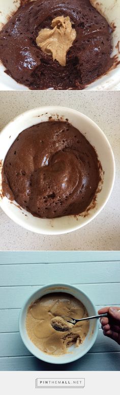 two pictures showing different stages of making chocolate cake