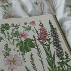 an open book sitting on top of a bed covered in white sheets and pink flowers