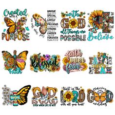 the word faith is surrounded by butterflies and sunflowers, which are all in different colors