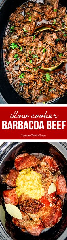 an image of food being cooked in the slow cooker with text overlay that reads slow cooker barbacoa beef