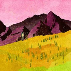 a painting of mountains with trees and grass in the foreground, against a pink sky