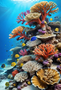 an underwater scene with corals and other marine life on the bottom of a reef