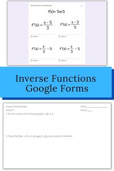 two worksheets with text that says, invere functions google forms and an image