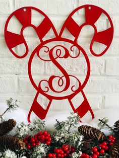 a red paper cutout with the letter s on it next to pine cones and berries