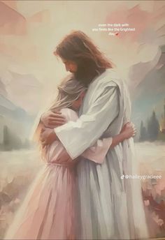 a painting of jesus hugging a woman