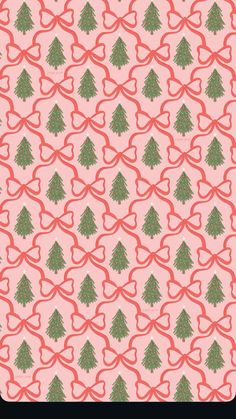 a pink and green christmas tree pattern with red ribbon on the bottom, in front of an orange background