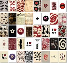 a collage of many different types of tattoos and designs on white paper with red ink