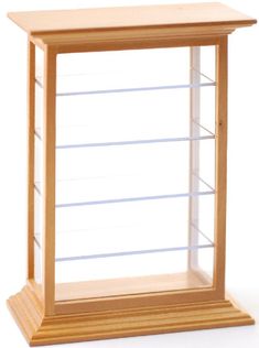 a wooden display case with glass shelves on the top and bottom shelf for storing items