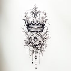 a drawing of a crown with flowers and drops on the bottom half of its face