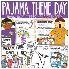 the pajama theme for first grade roars is shown in purple and white