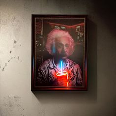 an old man holding a neon drink in front of his face with the light shining through it