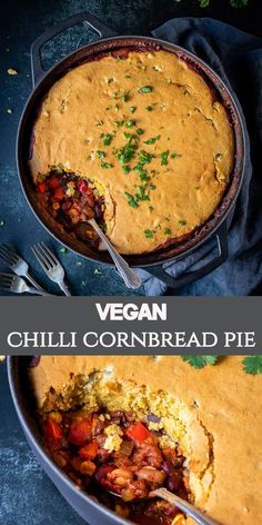 vegan chili cornbread pie in a cast iron skillet