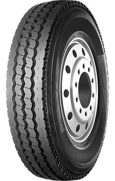 a large truck tire with white spokes on the side and black rim, against a white background