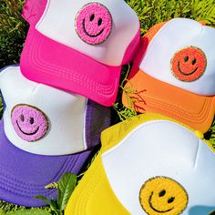 Colorful trucker hat with a terry cloth smiley and gold outline Smile Baseball Hat, Cheap Yellow Summer Trucker Hat, Cheap Summer Hats With Smiley Face, Cheap Playful Trucker Hat, Preppy Birthday Party Outfit Ideas, Cheap Multicolor Fun Trucker Hat, Cute Trucker Hats For Women, Preppy Birthday Outfit, Birthday Party Outfit Ideas