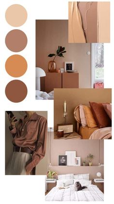 a collage of photos with different colors and furniture in the background, including a bed