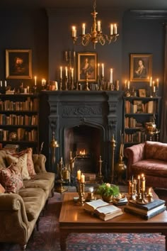 a living room filled with furniture and a fire place in front of a book shelf