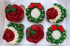 six decorated cupcakes in the shape of wreaths with red and green frosting