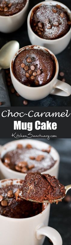 chocolate caramel mug cake in white bowls with spoons on the side and text overlay that reads, choc - caramel mug cake